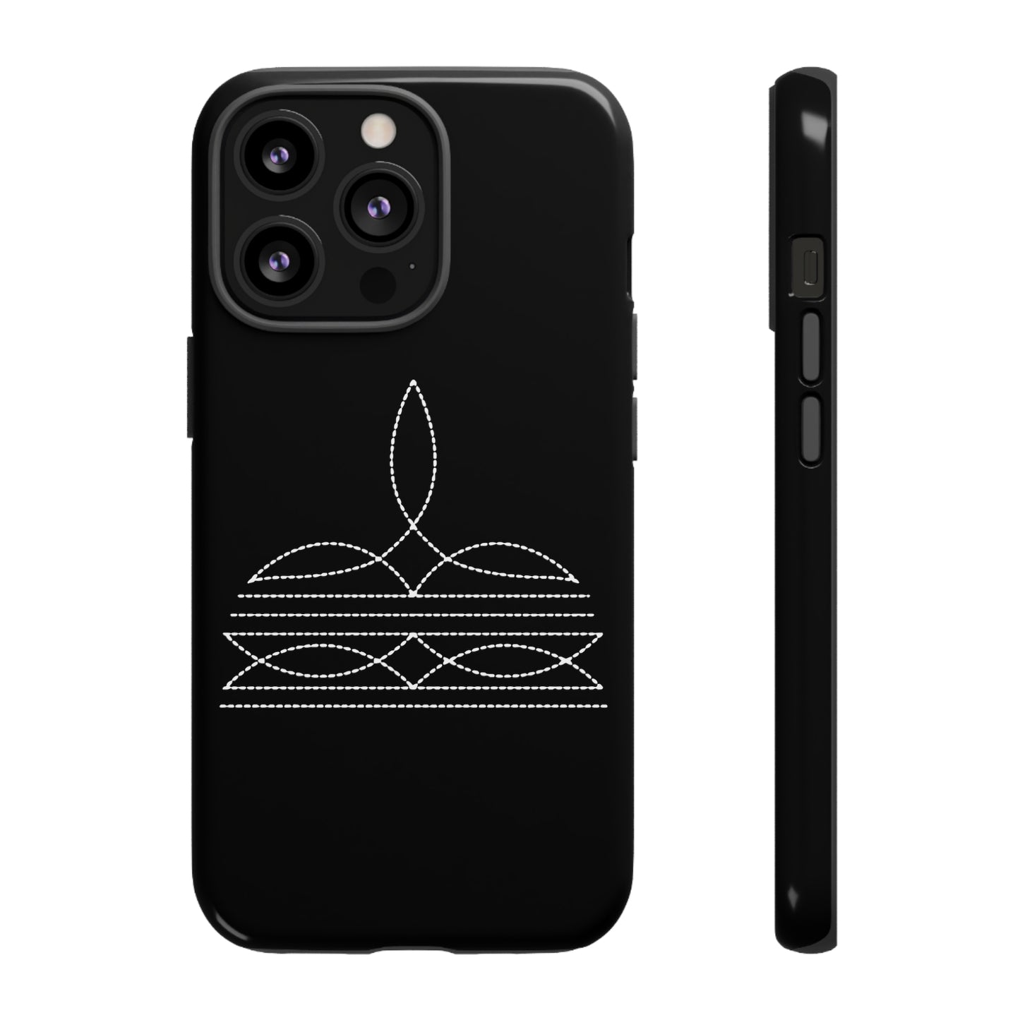 iPhone case with boot stitch design, black case with white design