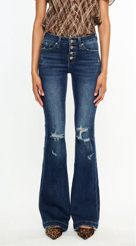 Sage Mid Rise Button Up Flare Jeans