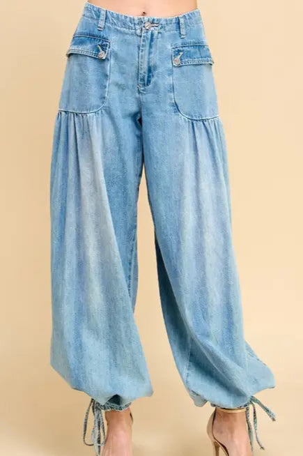 Veveret Ankle Drawstring Wide Denim Pants
