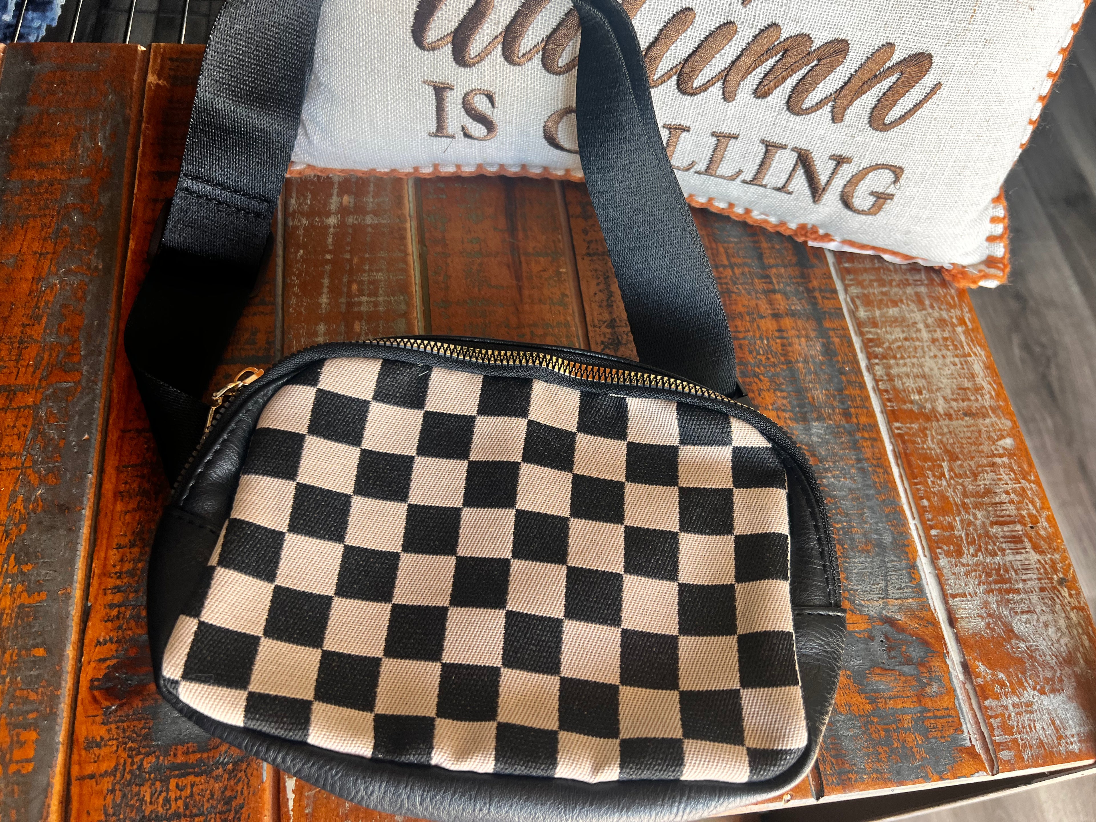 Black and Cream Checkered Crossbody Bag