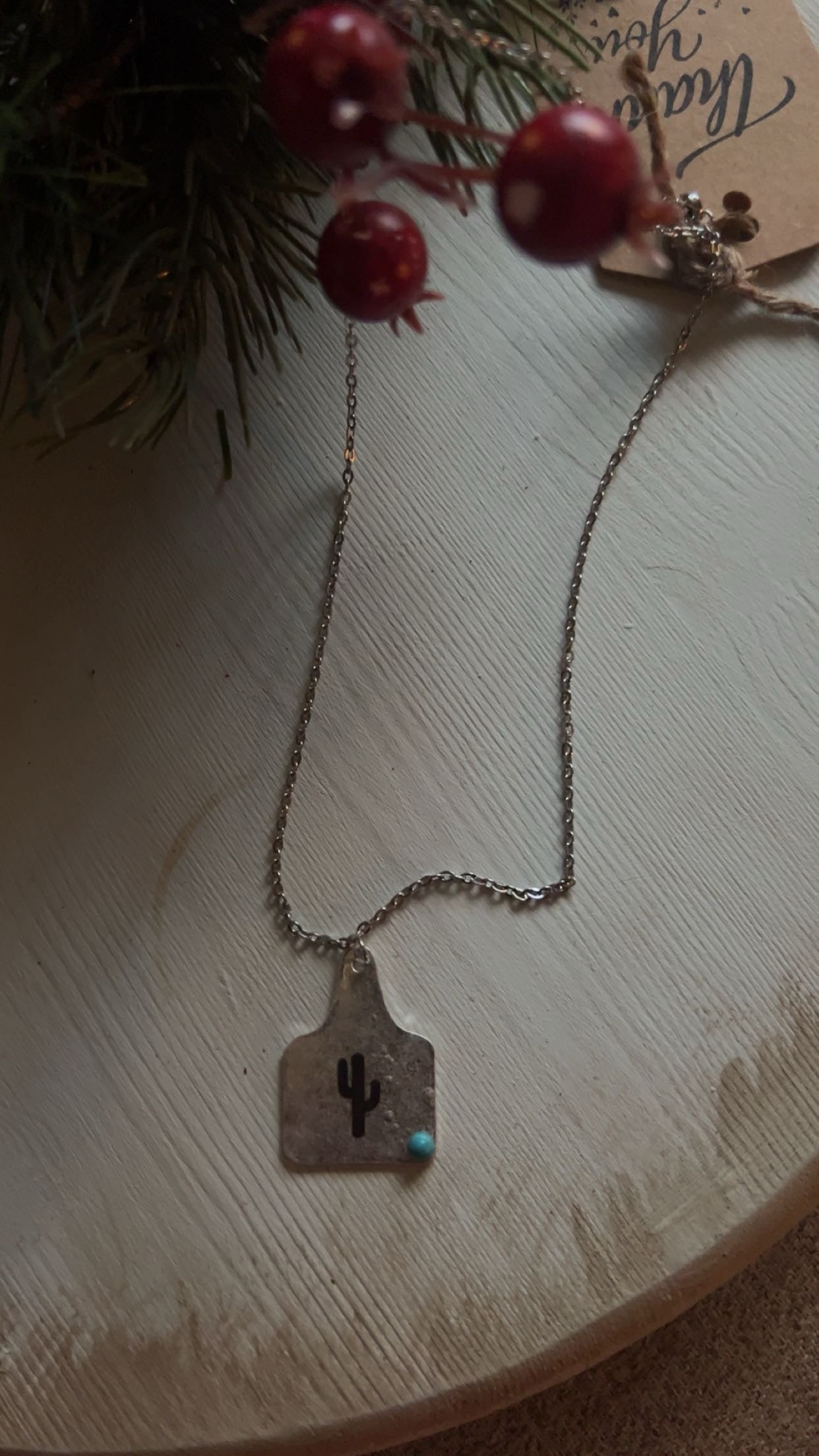 Turquoise Cactus Cattle Tag Necklace