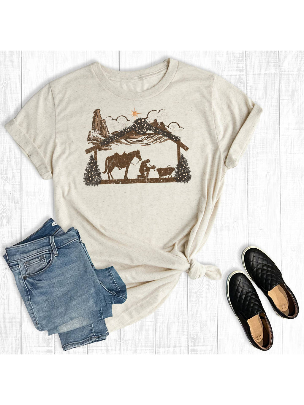 Praying Cowboy at Christmas Manger Tee