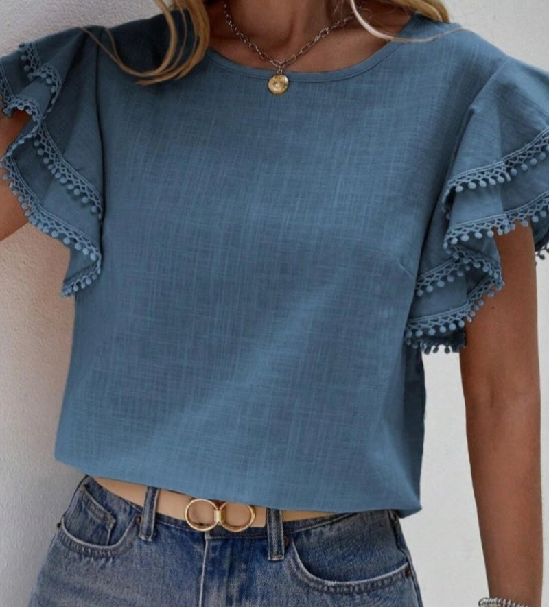 Indigo Breeze Ruffle Sleeve Top