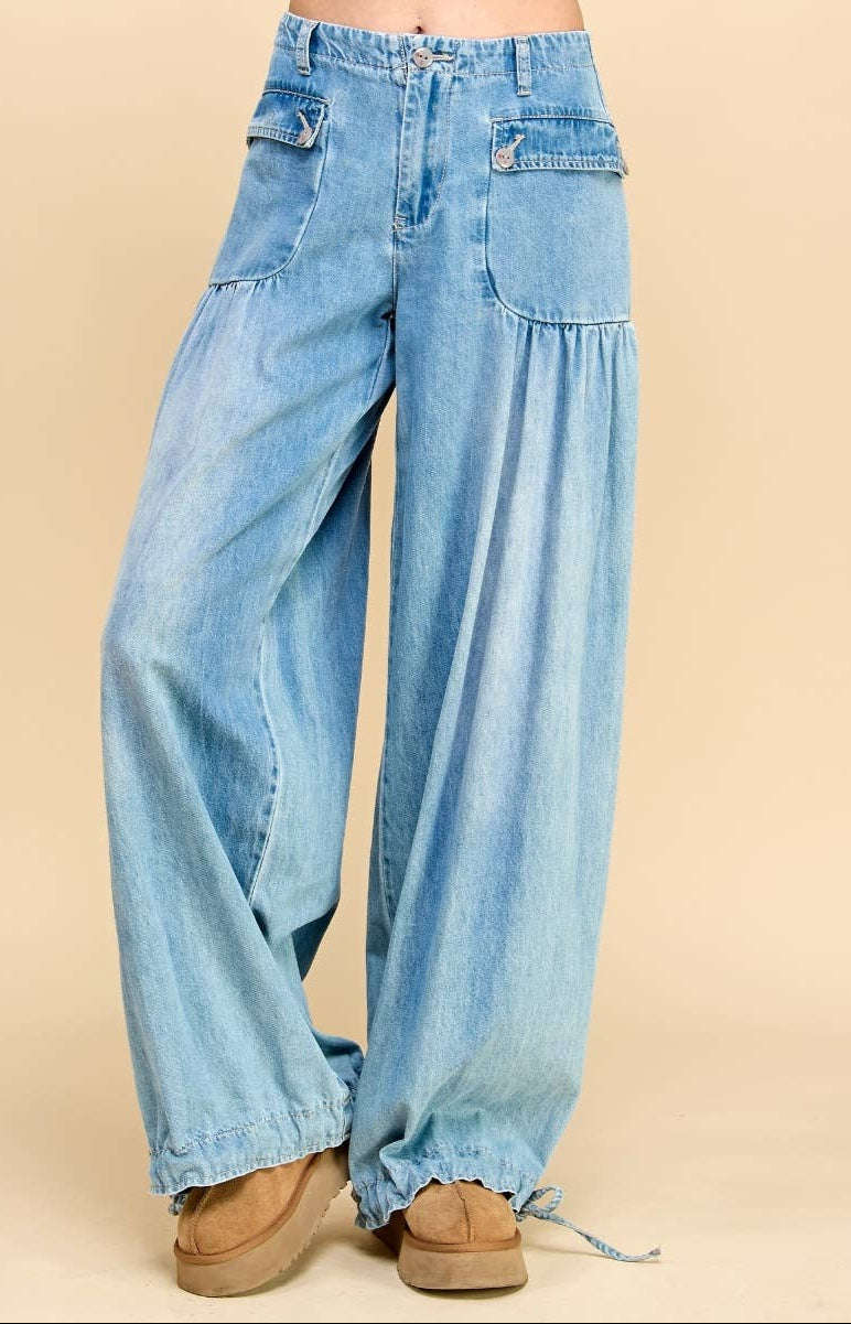 Veveret Ankle Drawstring Wide Denim Pants