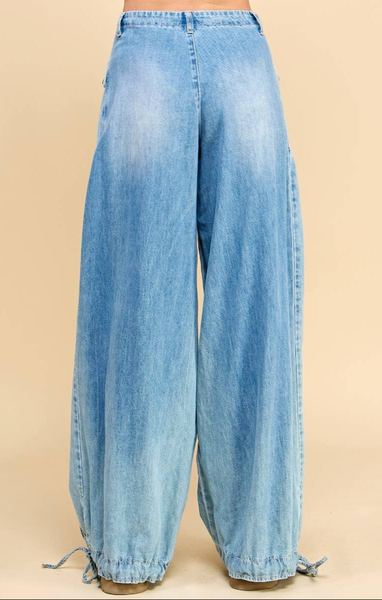 Veveret Ankle Drawstring Wide Denim Pants