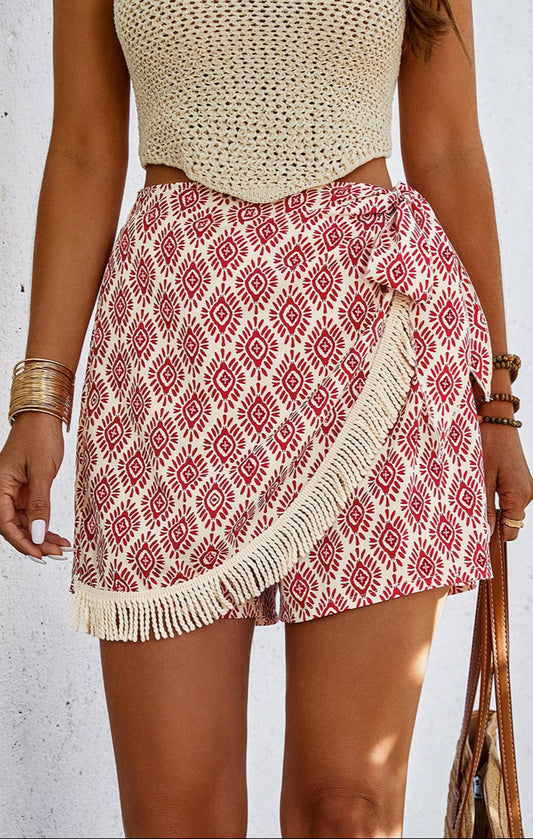 Boho Printed Tassel Wrap Shorts