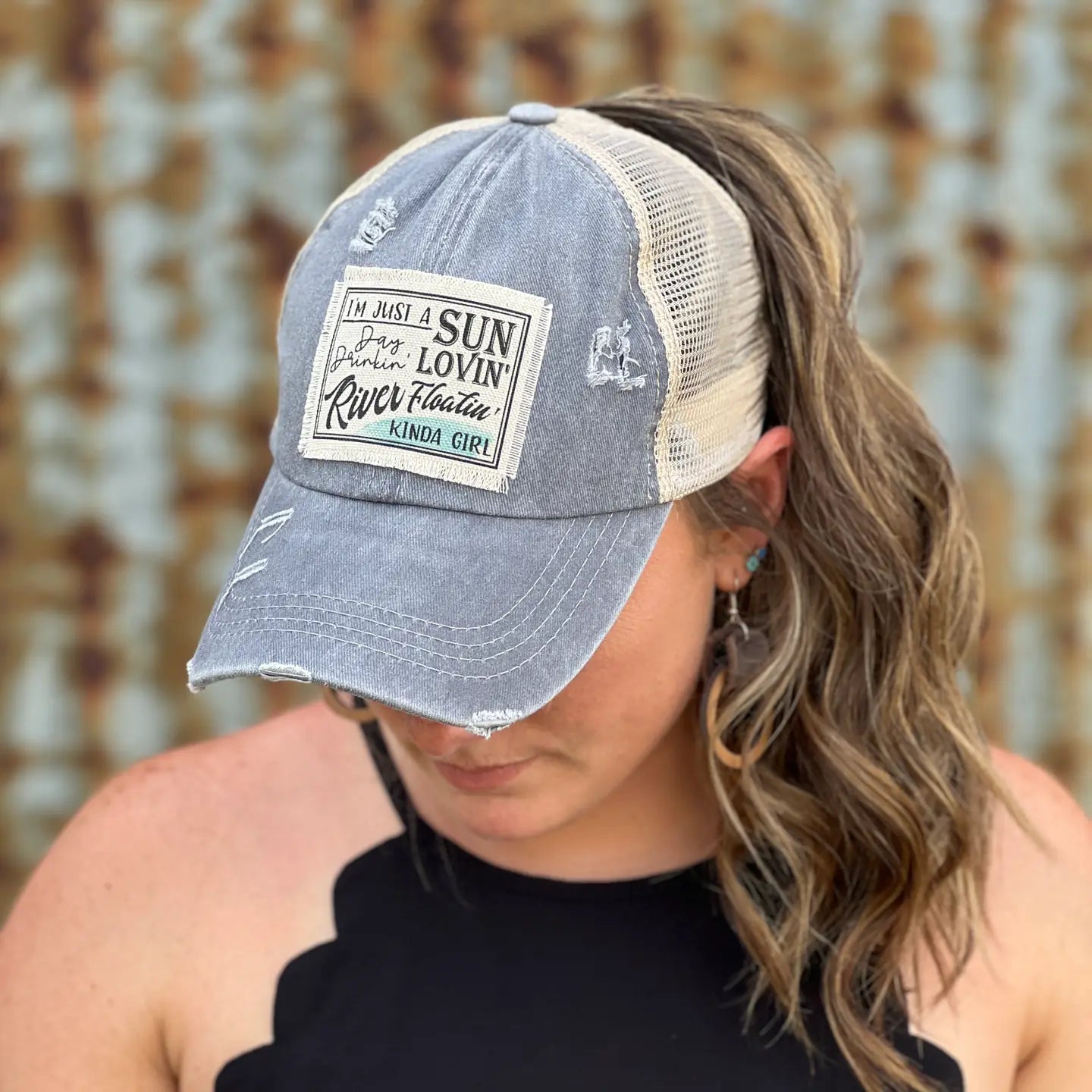 Just a River Floatin' Girl Grey Distressed Ball Cap