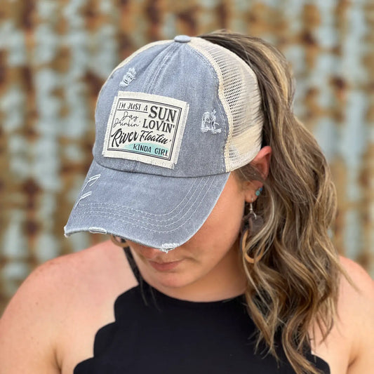 Just a River Floatin' Girl Grey Distressed Ball Cap