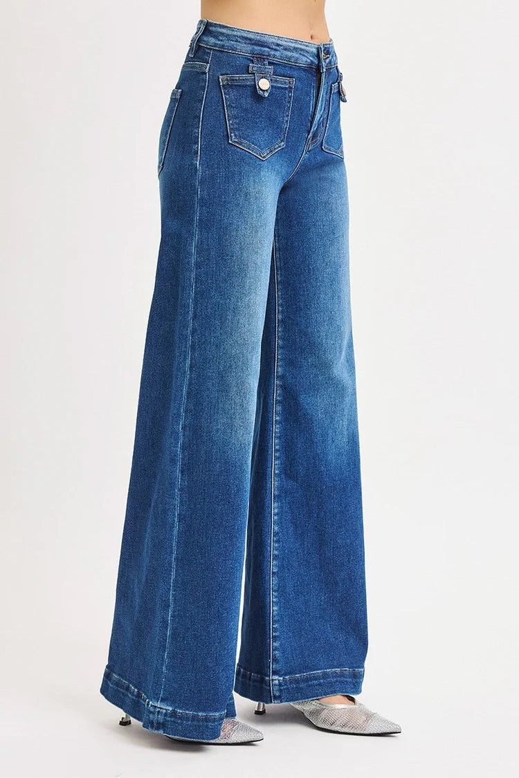 Blakely Mid Rise Front Patch Pocket Wide Leg Jeans