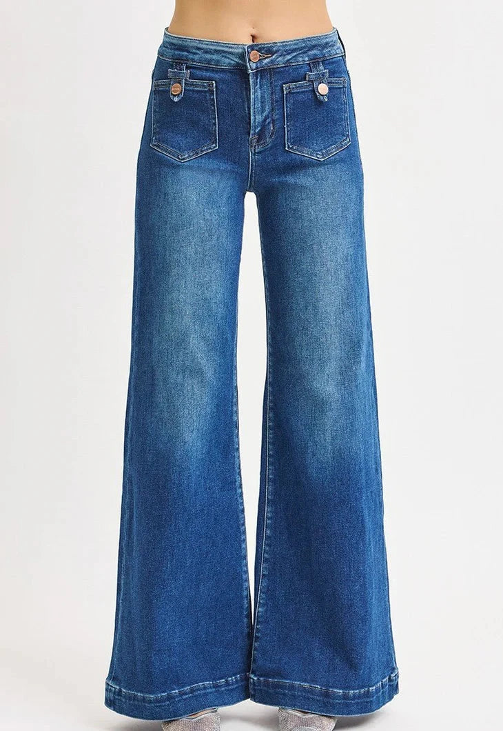 Blakely Mid Rise Front Patch Pocket Wide Leg Jeans