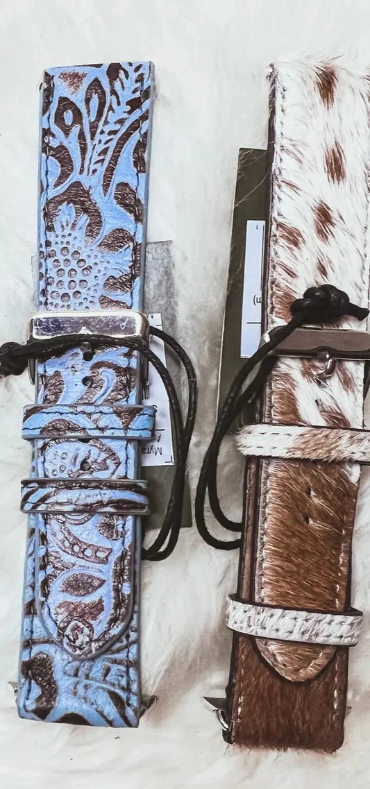 Western Turquoise Tooled Cowhide Watch Band